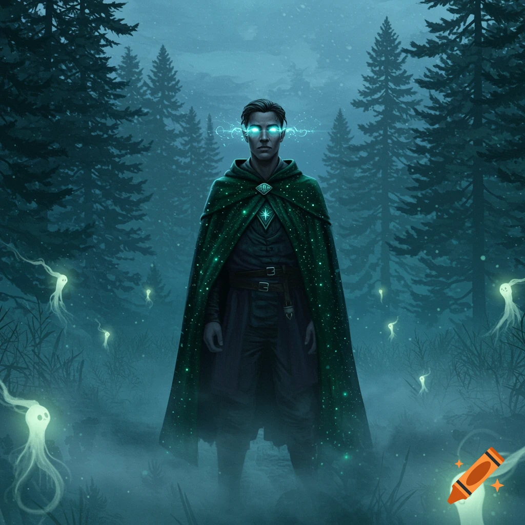 A male figure with glowing eyes and a green, starry cloak stands in a misty, dark forest with glowing spirits.