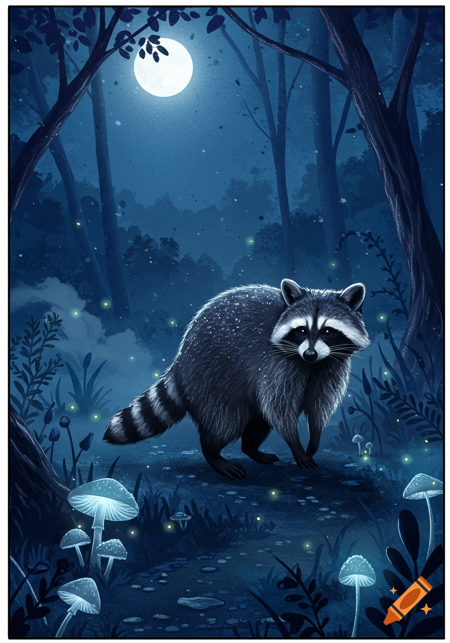 An illustrative image of a raccoon standing in a mystical moonlit forest with glowing mushrooms and fireflies.