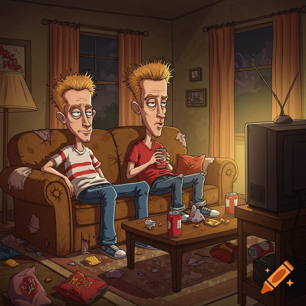 Two disheveled, spiky-haired cartoon characters resembling Beavis and Butthead lounge on a torn couch in a messy living room watching an old TV.