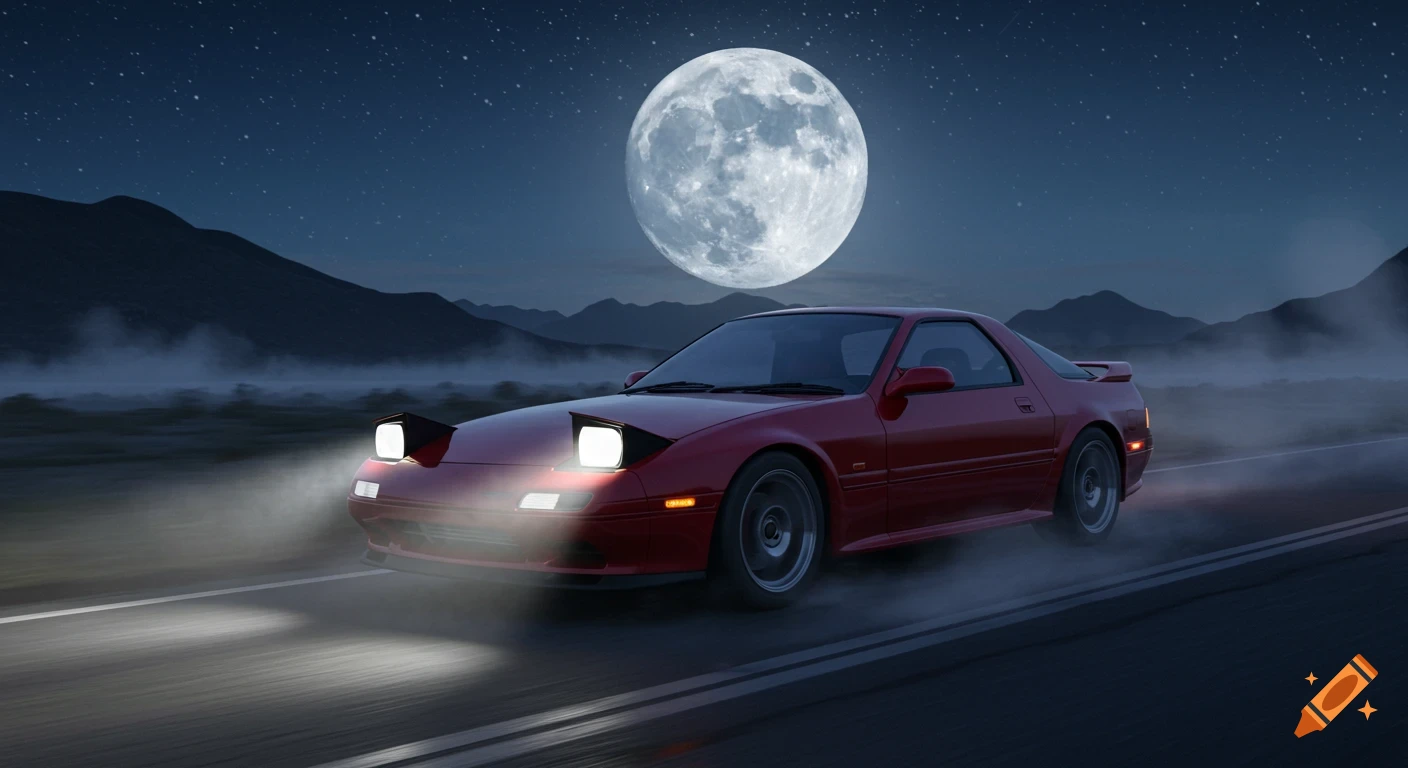 A red Mazda RX-7 drives on a dark road at night under a large full moon, with misty mountains.