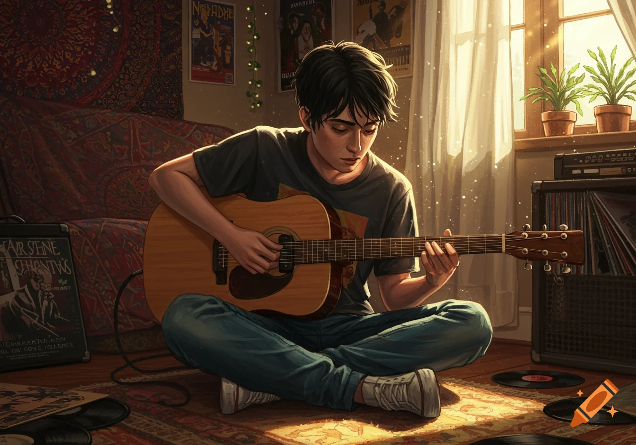 A young boy with black hair sits on the floor in a sunlit room, playing an acoustic guitar. It's an illustration.