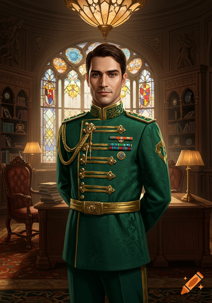 A man in an elegant emerald green military uniform with gold accents stands in an opulent office with stained glass windows.