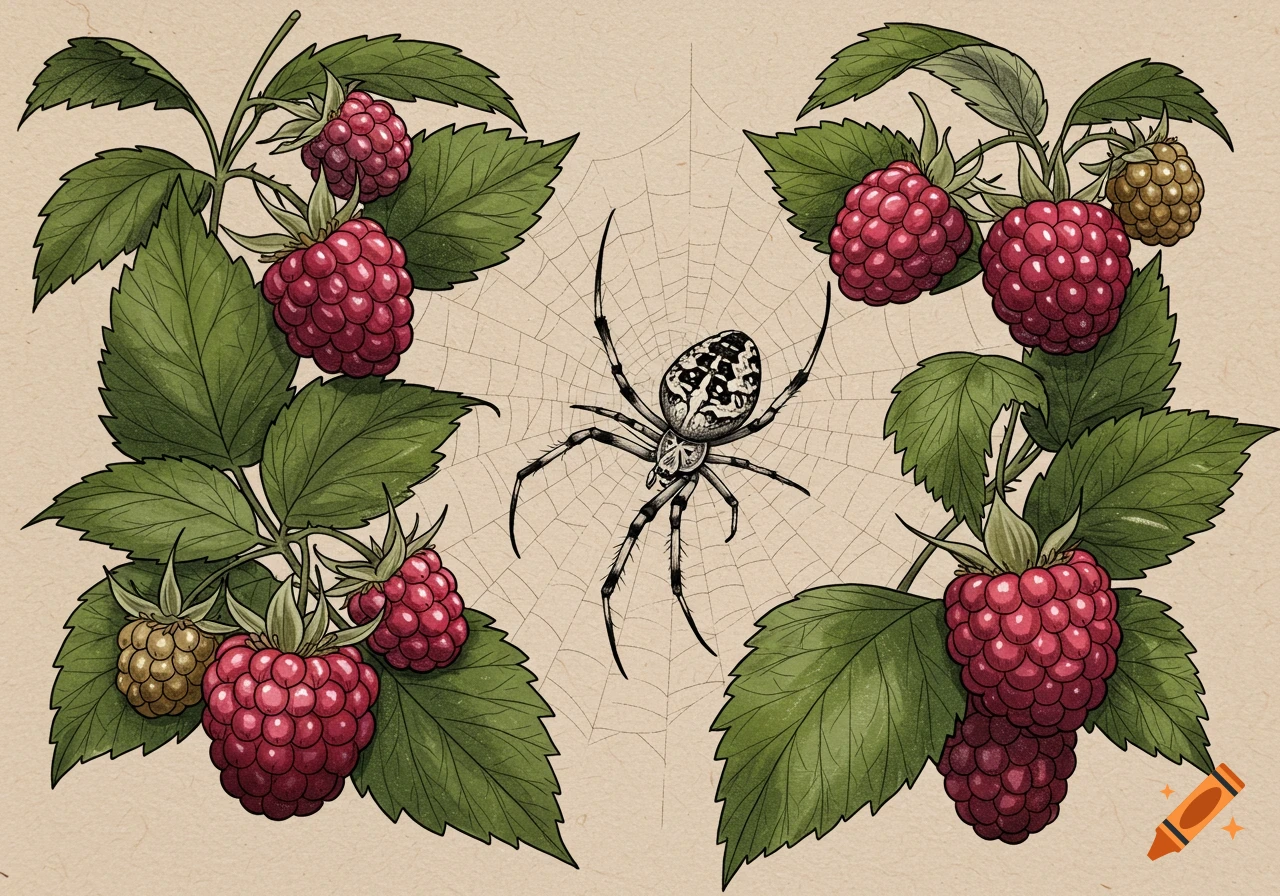 An illustration of a spider centered in its web, flanked by raspberry bushes with red and gold berries and green leaves, in a vintage botanical style.