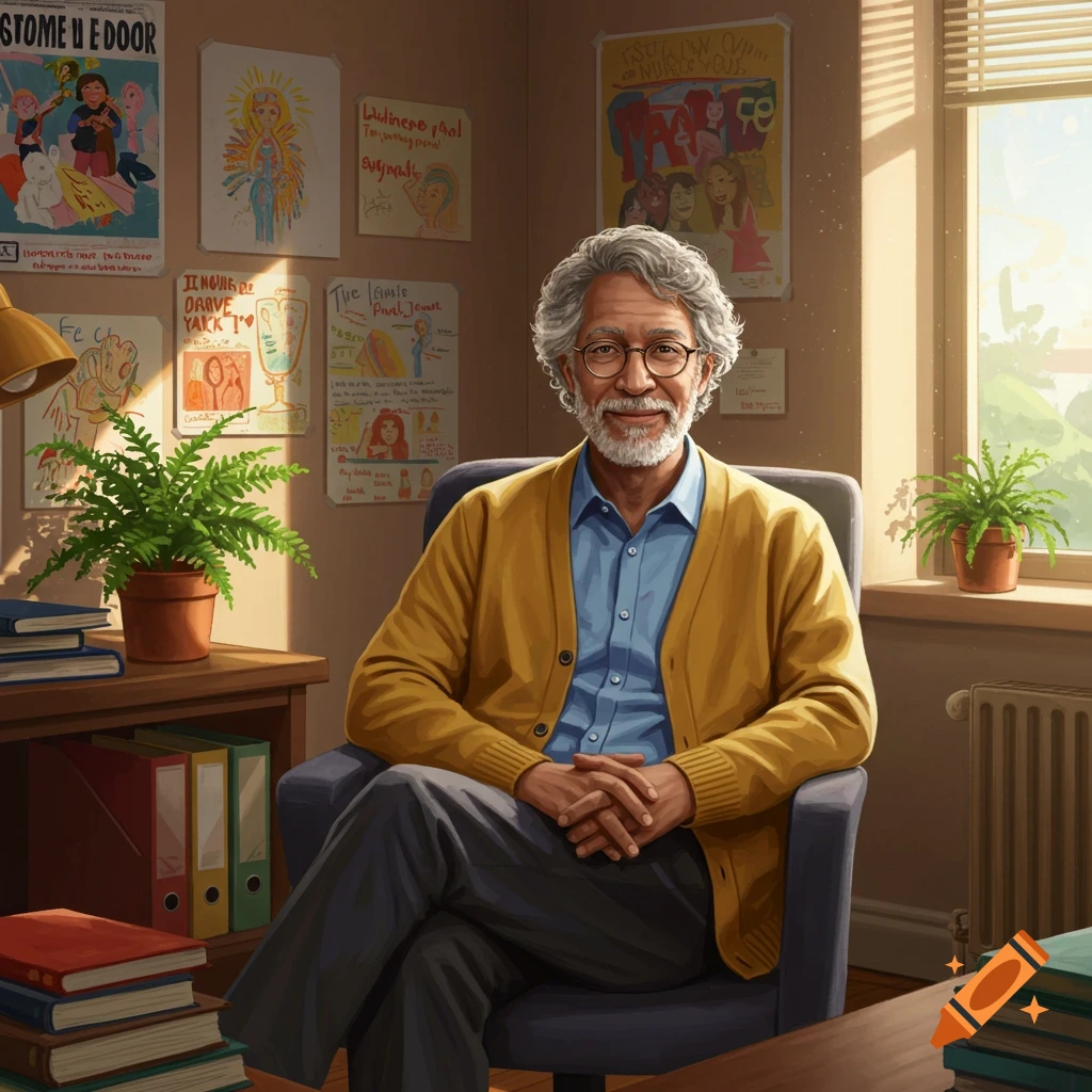 A smiling, grey-haired man in a yellow cardigan and blue shirt sits in an office with posters on the wall, books, and plants.