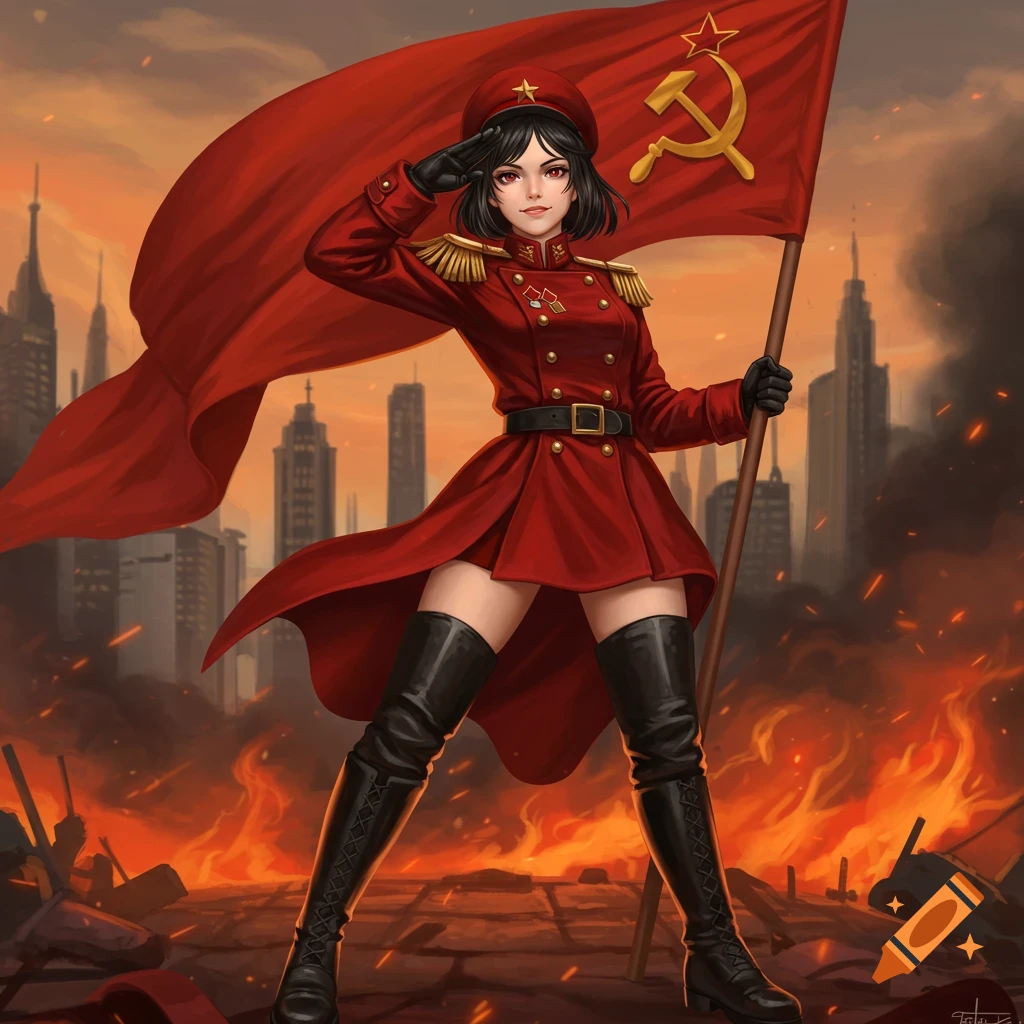 An anime girl in a red military uniform salutes while holding a large red flag with the hammer and sickle symbol, standing amidst a fiery, war-torn city landscape at sunset.