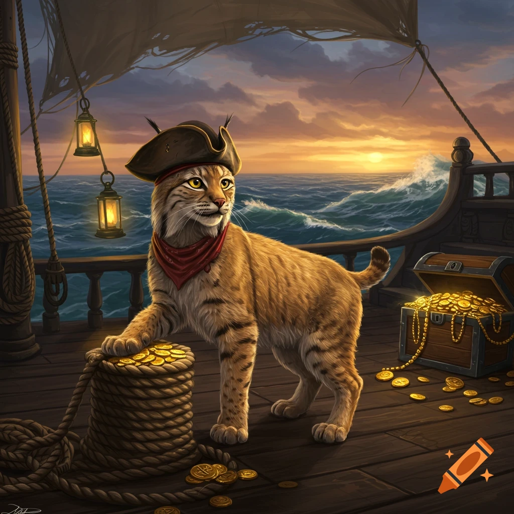 An artistic illustration of a bobcat dressed as a pirate, wearing a pirate hat and red bandana, standing on a ship's deck with treasure at sunset.