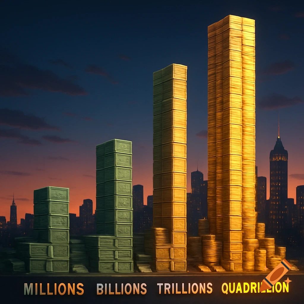 A visual graph with four towering stacks of money, labeled Millions, Billions, Trillions, and Quadrillion, against a city skyline at dusk.