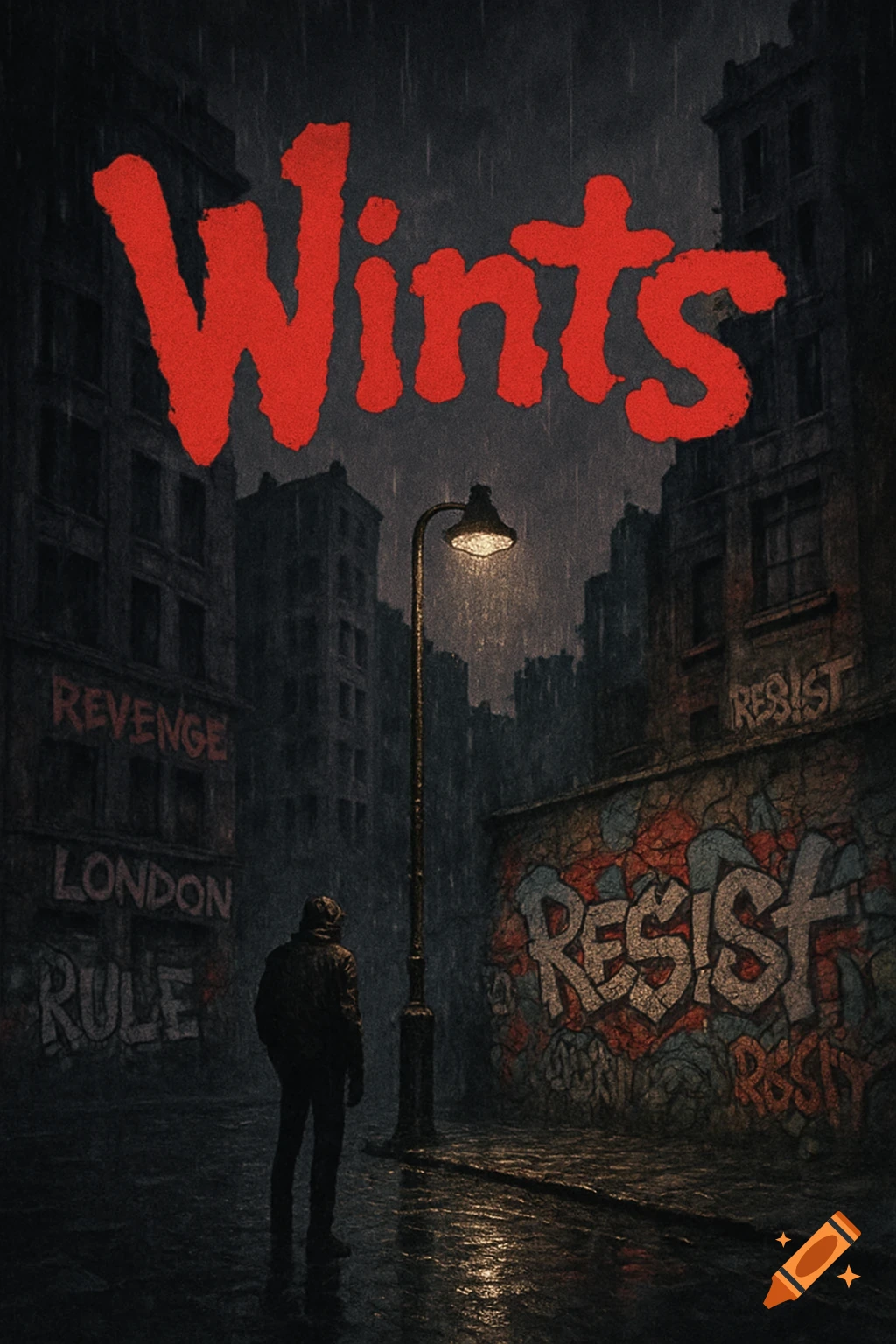 A solitary figure stands under a street light on a dark, rainy city street with graffiti including 'REVENGE' and 'RESIST' on the walls, and the word 'Wints' in red at the top.
