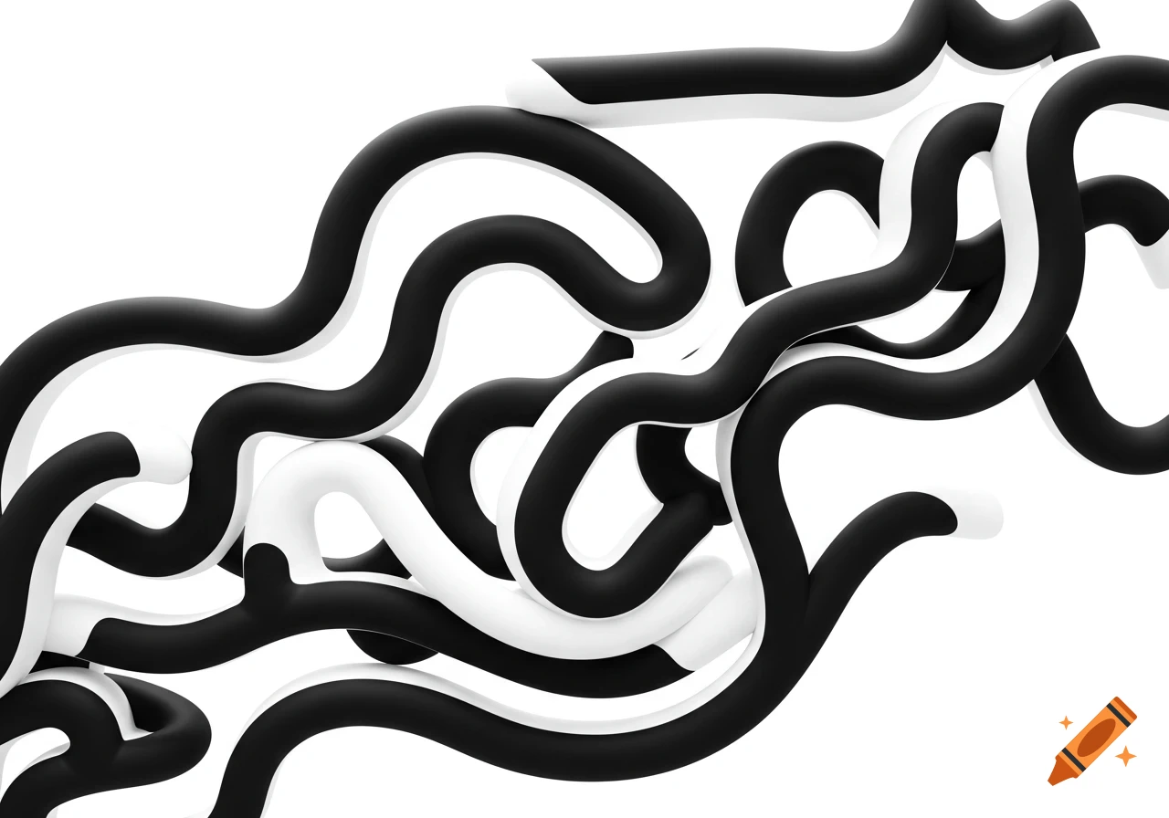 Abstract arrangement of thick, undulating black and white lines on a white background.