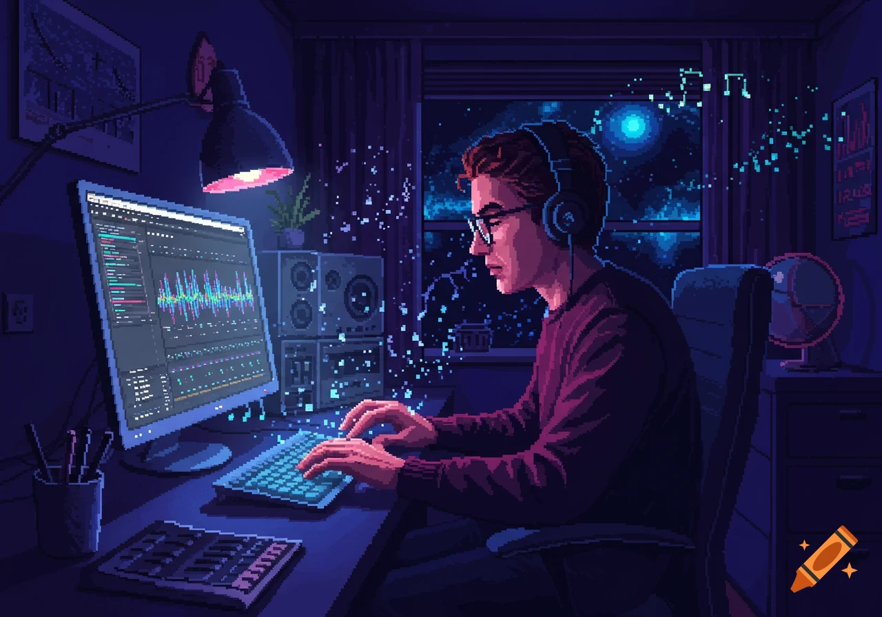 Pixel art of a person wearing headphones, typing on a keyboard in a dimly lit room at night, with music notes and light particles floating.