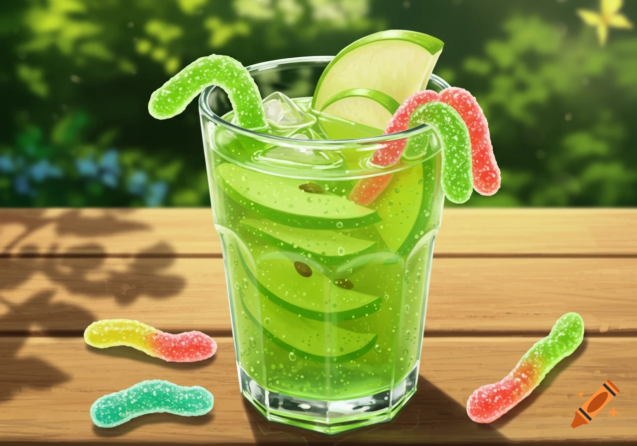 Illustrated green apple lemonade cocktail with gummy worms on a wooden table outdoors.