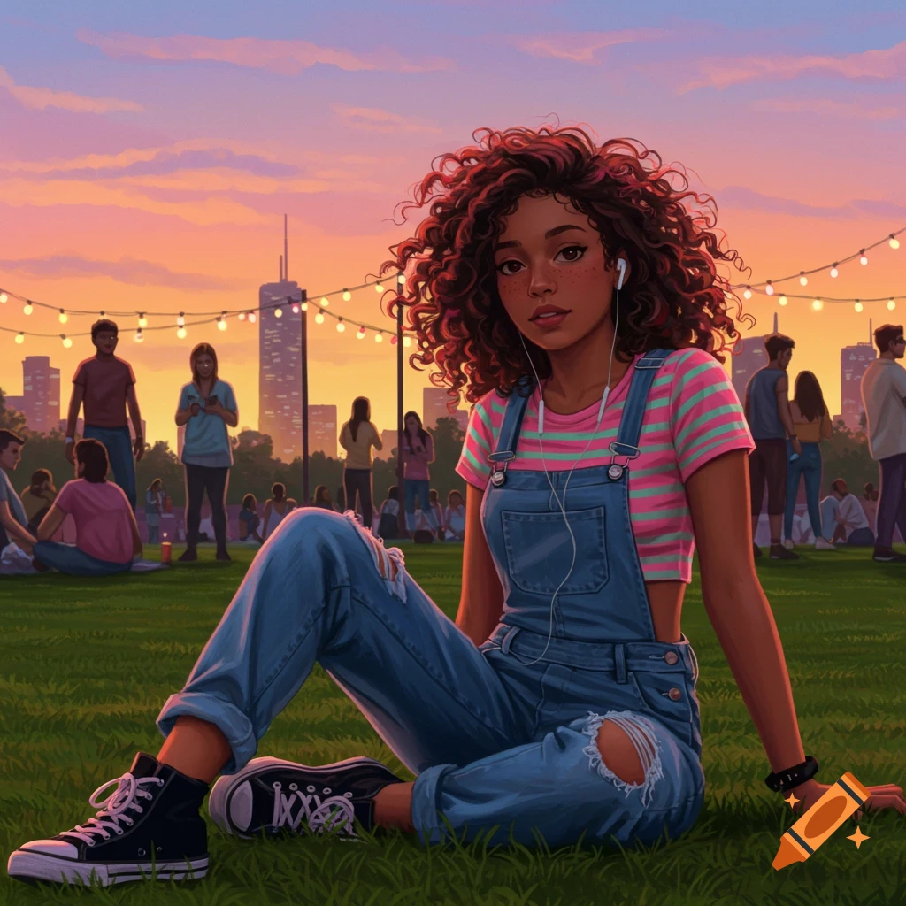 An illustrated portrait of a teen woman with curly hair, sitting on grass at sunset with string lights and people in the background.