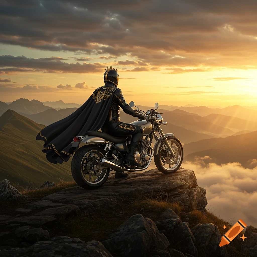 A photorealistic image of a motorcycle rider wearing a black cape and crown-like helmet, looking out over a vast mountain range at sunset.