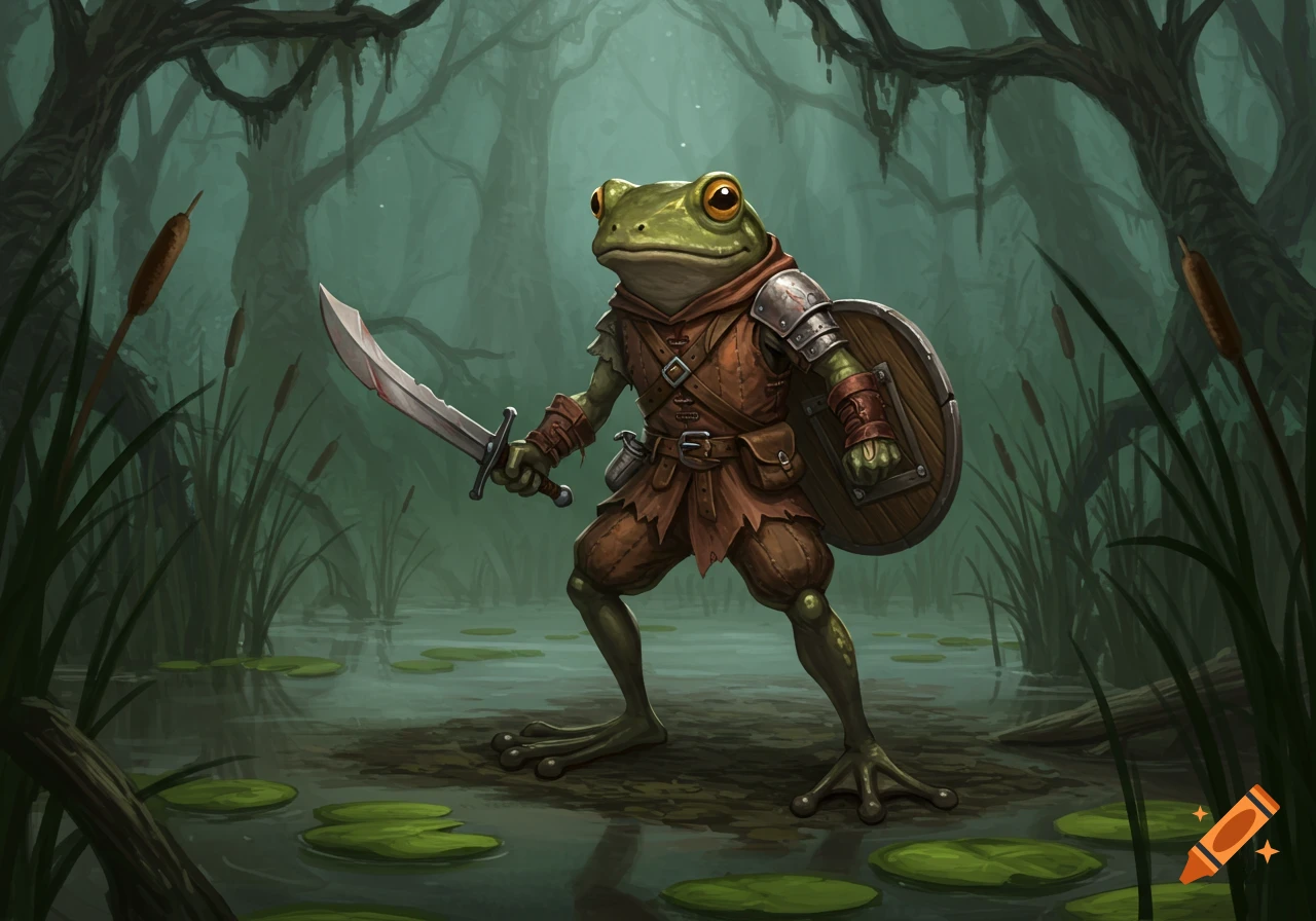 A heroic frog swordsman in tattered leather armor with a curved sword and wooden shield stands ready in a misty swamp.