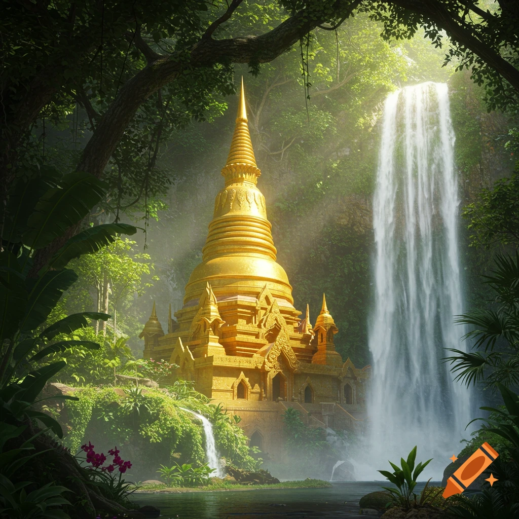 A realistic image of a golden temple hidden under a large waterfall in a lush, green jungle.