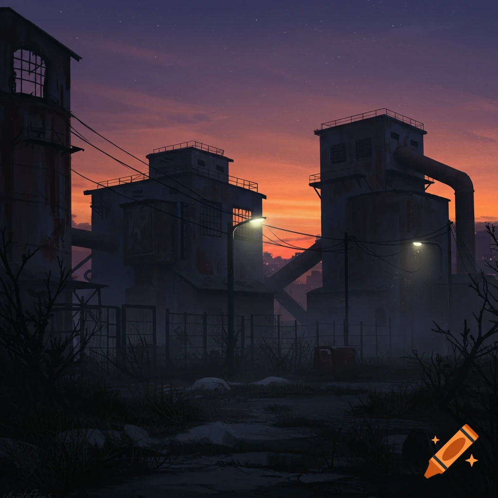 Abandoned industrial buildings stand against a vibrant sunset sky at dusk, with streetlights illuminating the foreground.