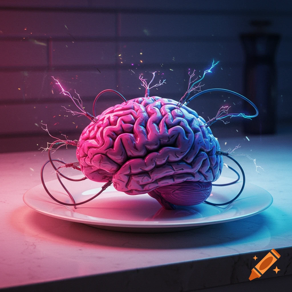 A vibrant, glowing brain with sparking wires on a white plate, set on a counter in a futuristic, surreal style.