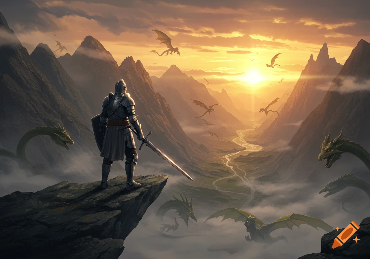 A knight stands on a cliff overlooking a vast mountain valley with dragons flying through mist at sunset, epic fantasy.