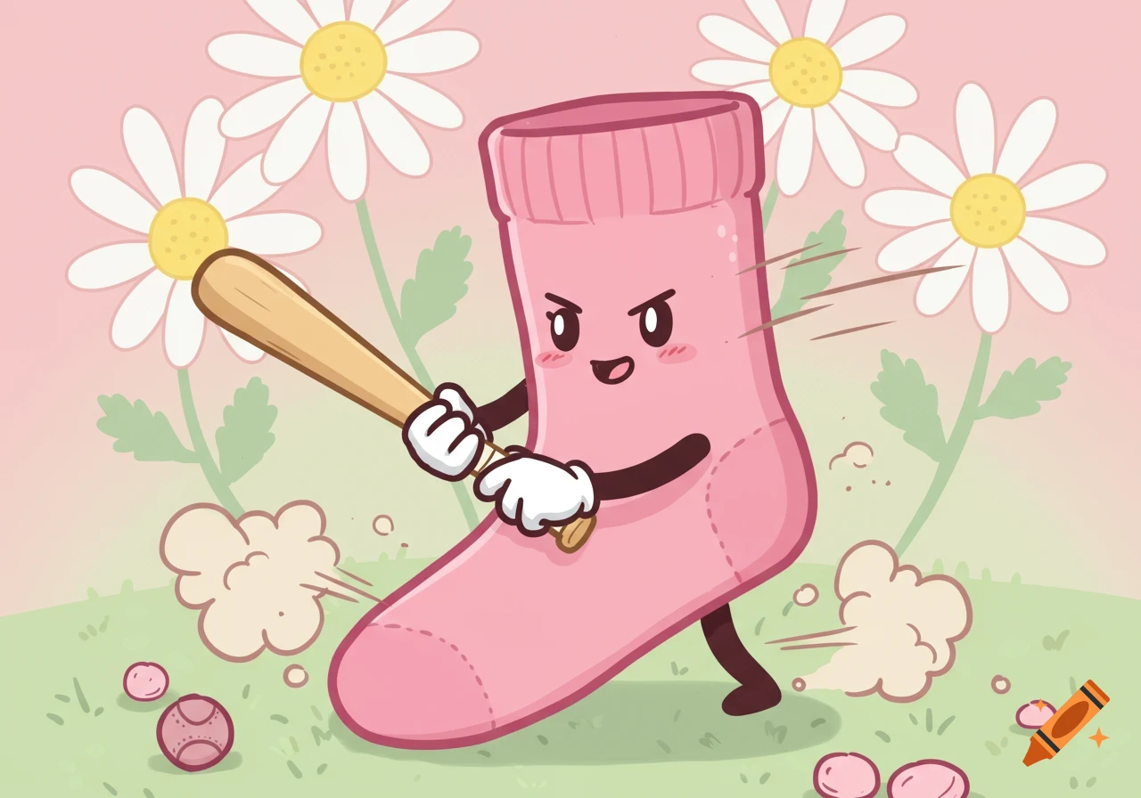 A cute pink cartoon sock with a face and arms swings a baseball bat in a grassy field with white daisies.