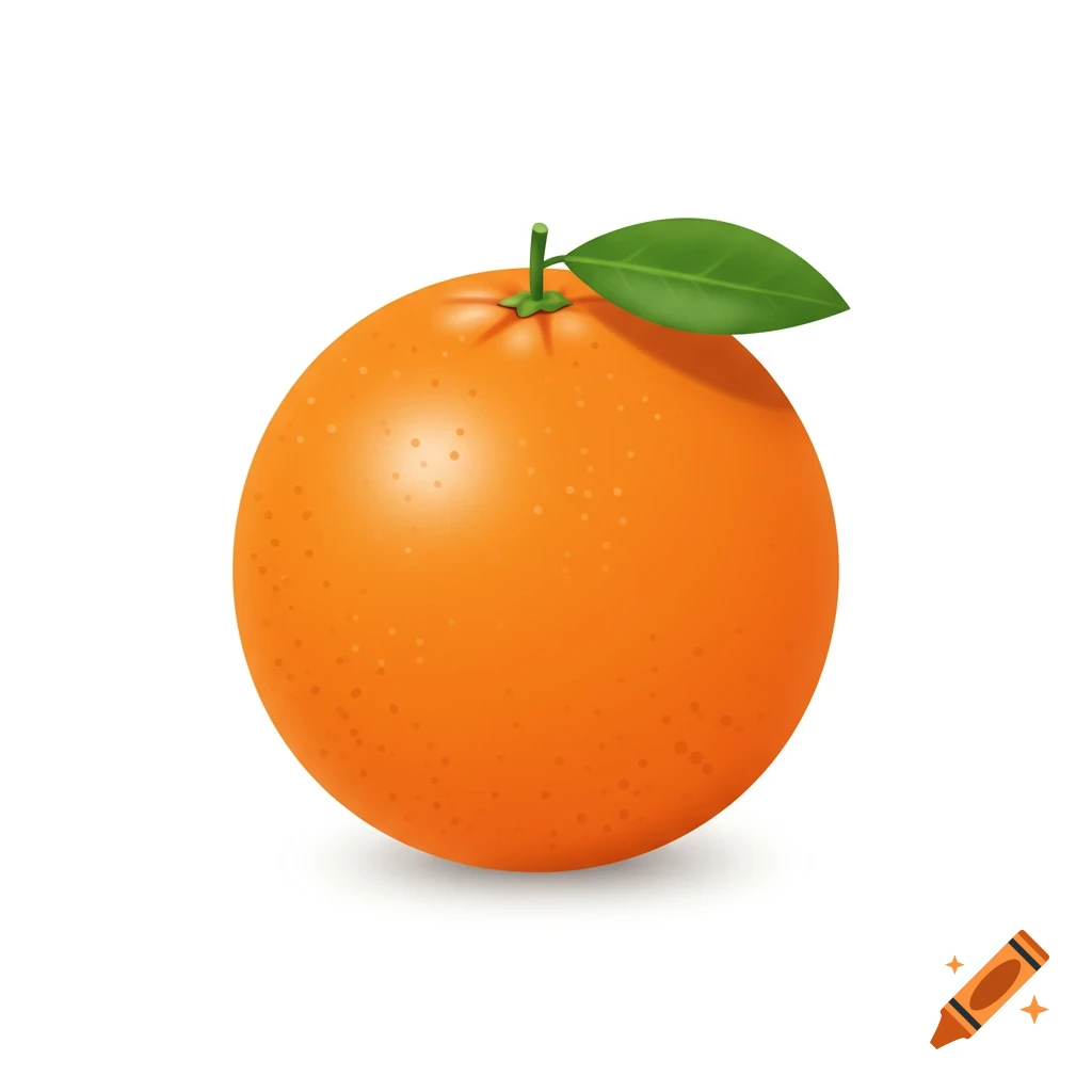A vibrant orange fruit icon with a green leaf and stem on a white background.