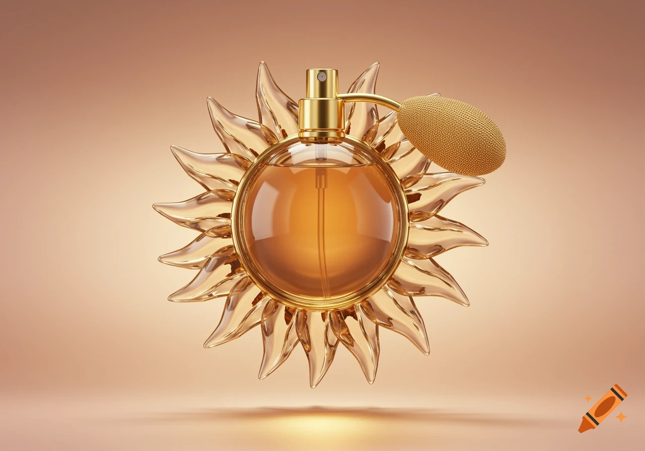 A golden and clear glass perfume bottle shaped like a sun, with a golden atomizer, against a soft peach background.