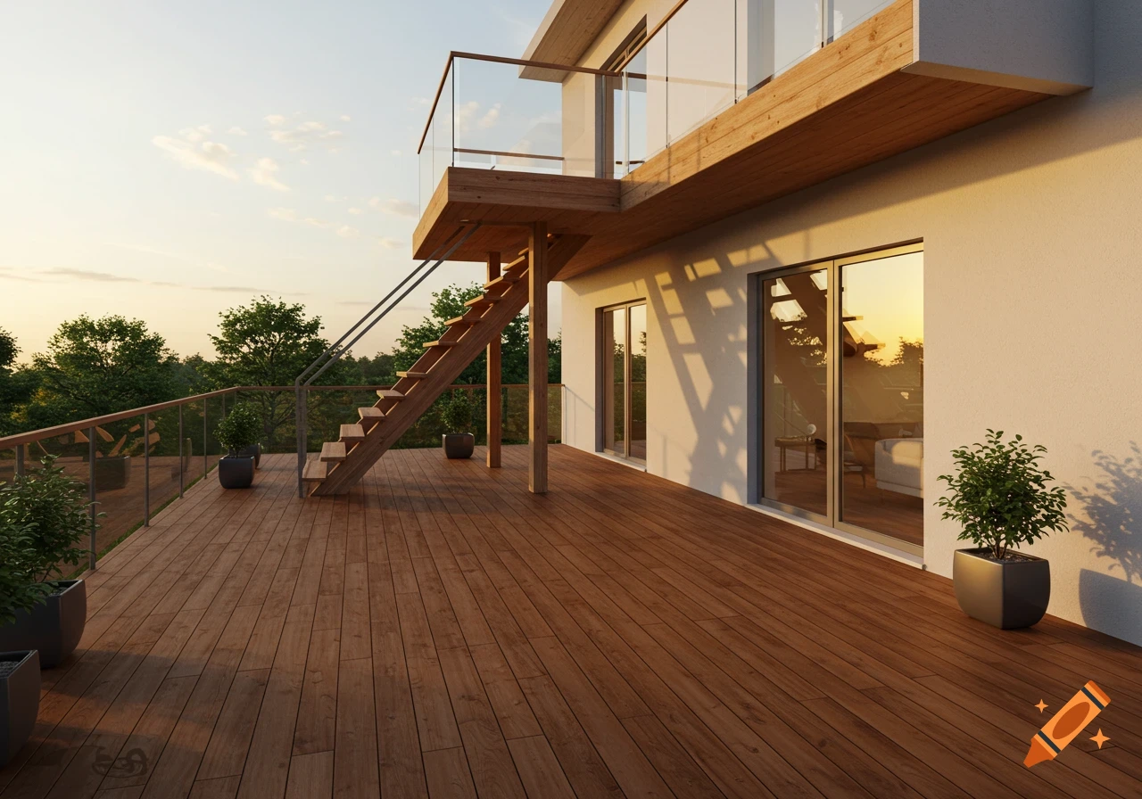 Photorealistic wooden deck with stairs leading to an upper balcony on a modern house at sunset, surrounded by trees.