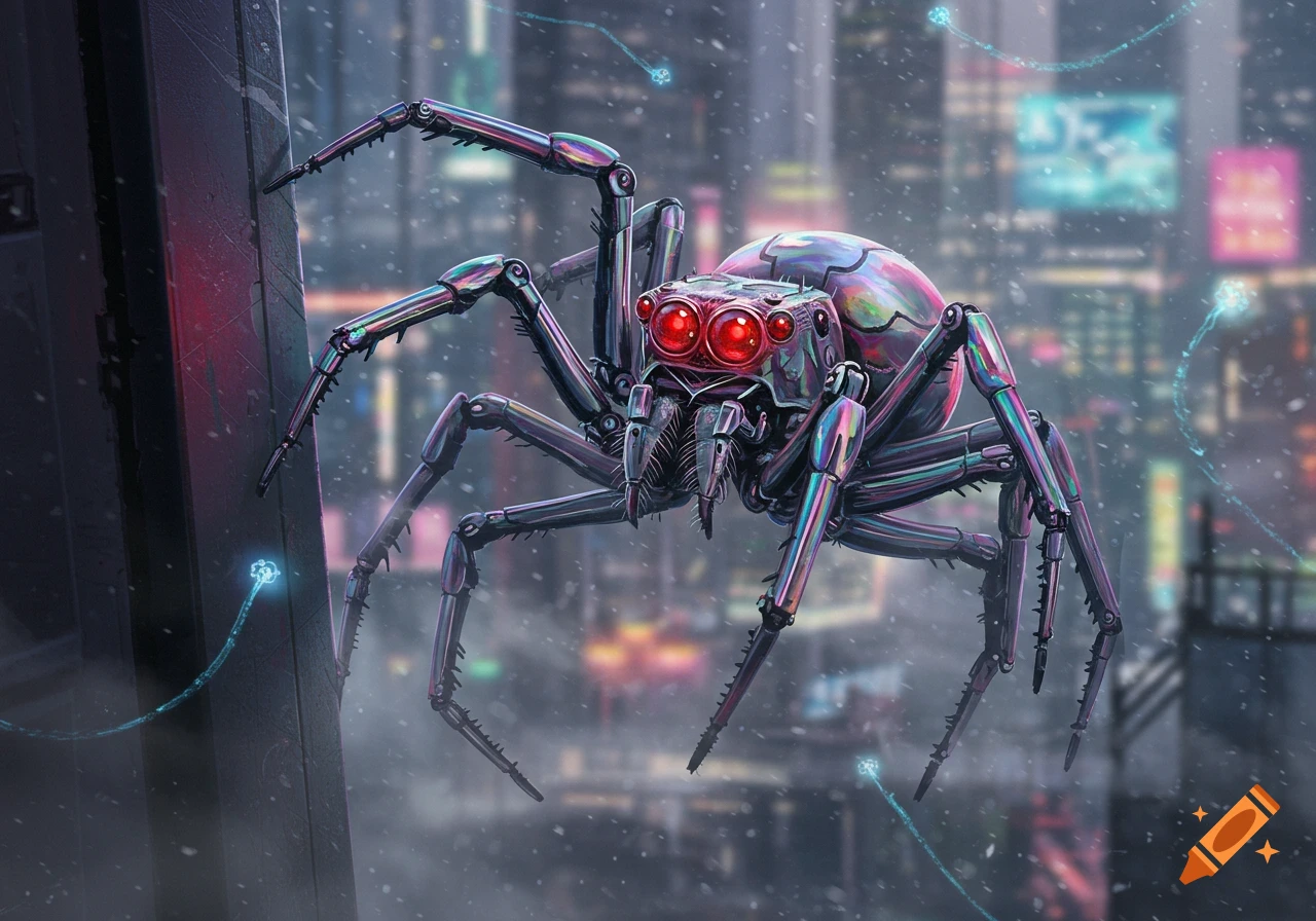 A large, detailed robotic spider with glowing red eyes and iridescent legs clings to a building in a snowy, futuristic city.