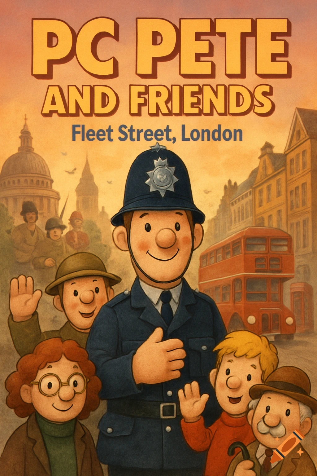 Cartoon illustration of PC Pete, a smiling police officer, with his friends on Fleet Street, London, featuring a red double-decker bus.