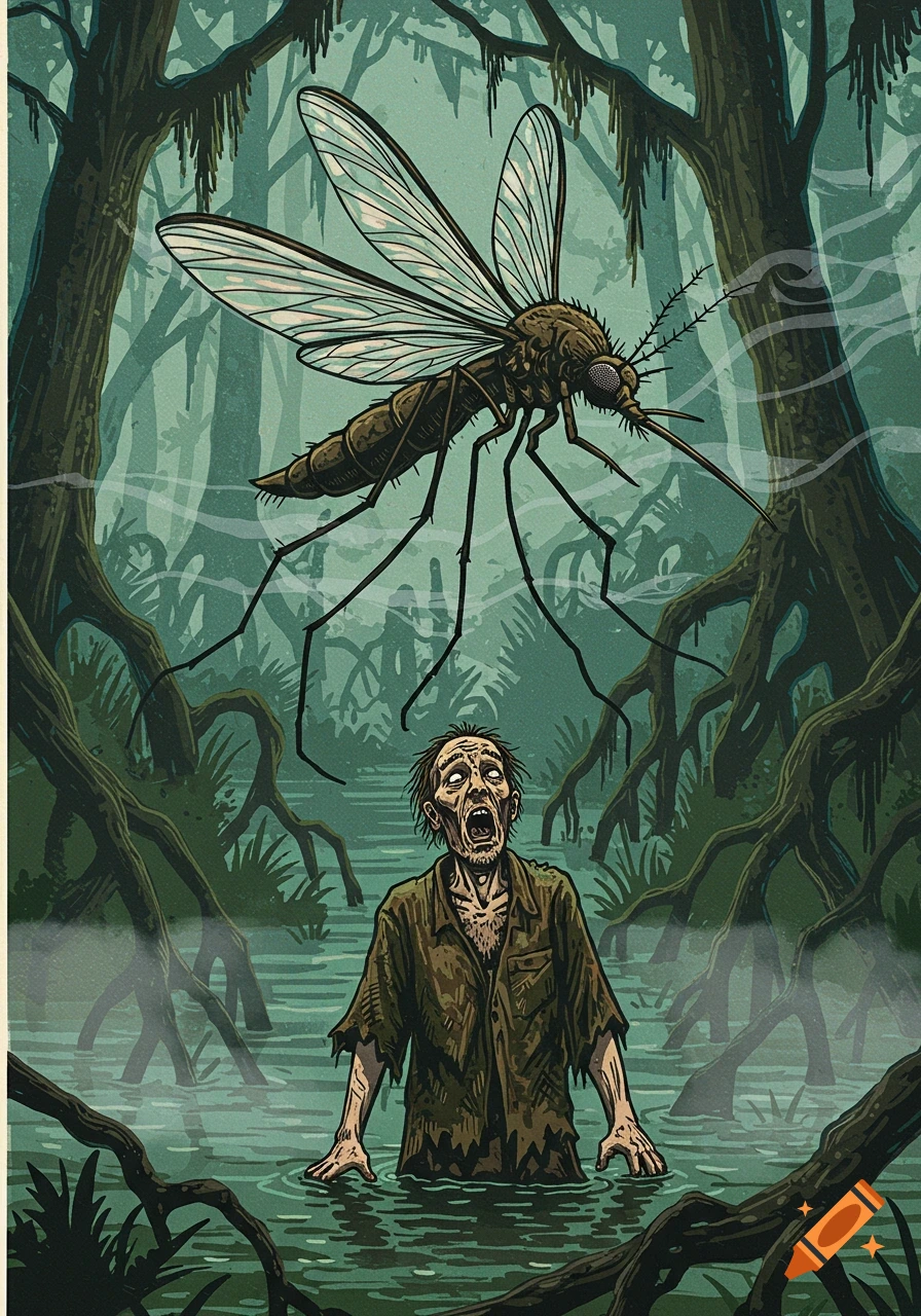 A man with a gaunt face screams in a swamp as a giant mosquito hovers above him, in a stylized block print.
