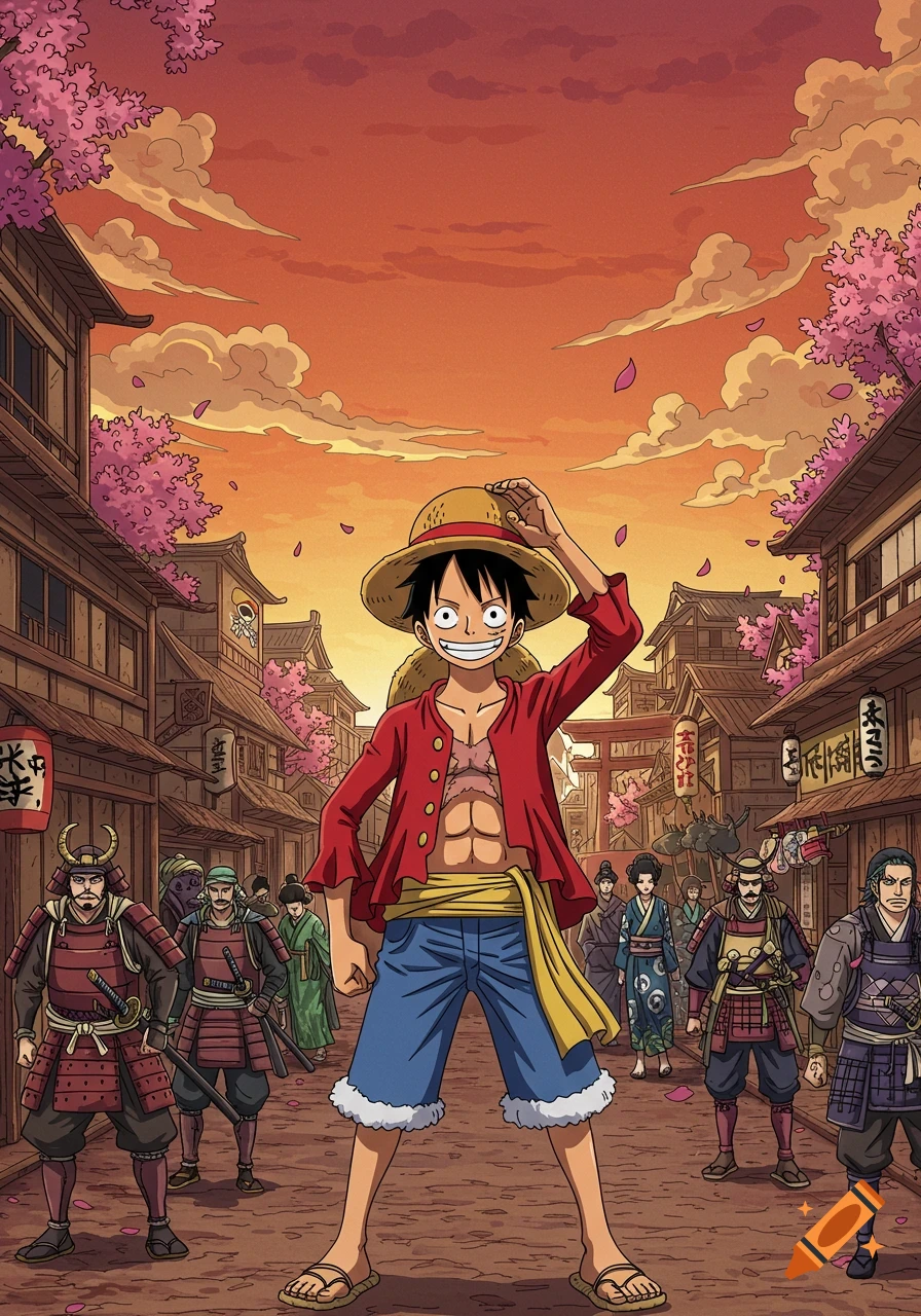Luffy from One Piece stands confidently in a traditional Japanese village street lined with buildings and cherry blossom trees, with samurai in the background.