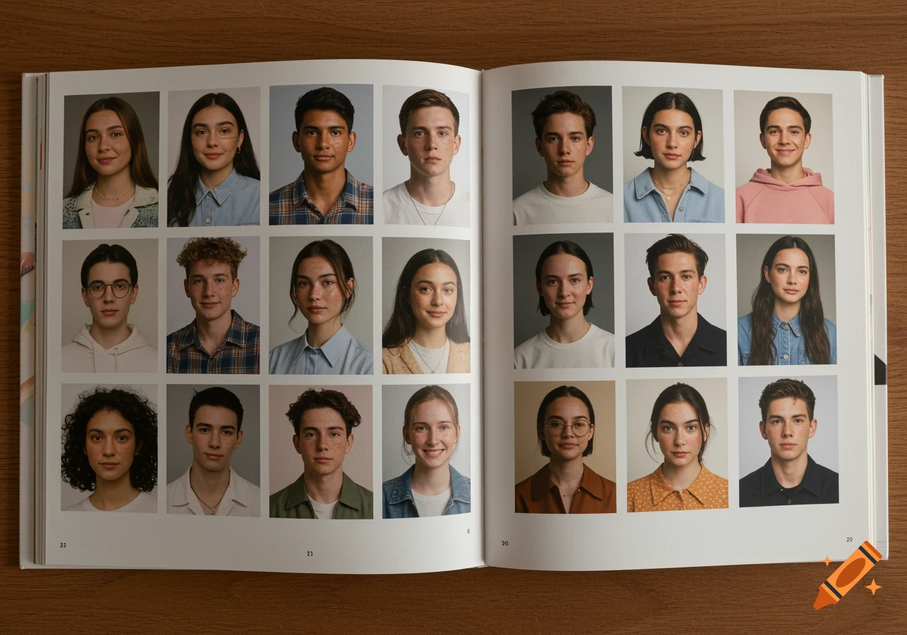 An open yearbook featuring multiple photorealistic portrait photos of diverse young adults on a wooden surface.