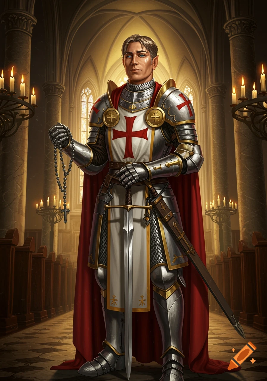 A valiant crusader knight in full armor holds prayer beads while standing in a dimly lit cathedral. Detailed digital painting.