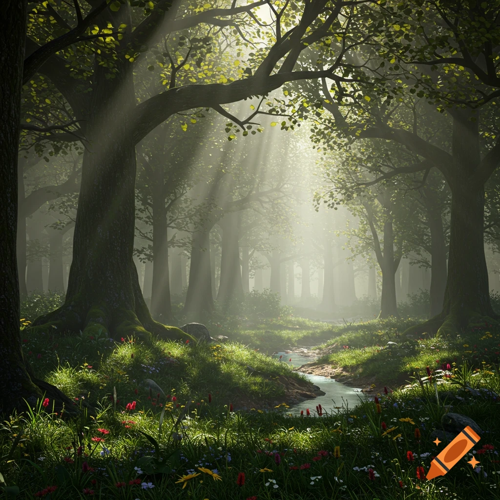A sunlit forest path with a small stream, lush green grass, colorful wildflowers, and towering trees. Photorealistic style.