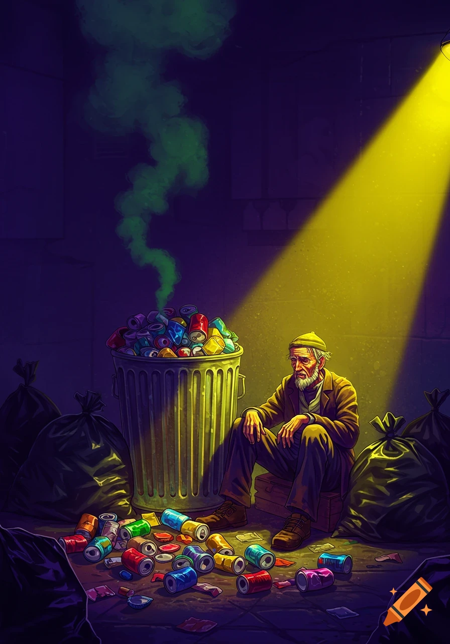 An old man sits beside an overflowing trash can and rubbish bags in a dark alley illuminated by a yellow spotlight, with green fumes rising from the trash, in an illustrative style.