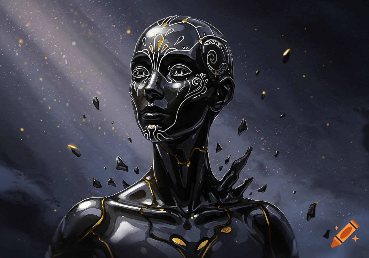 Bust of a black porcelain humanoid with white ornamental patterns and gold cracks, set against a dark, stormy sky with light rays.