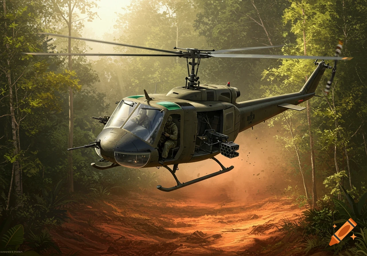 A military helicopter hovers low over a red dirt path in a dense, sunlit jungle, viewed from the side with soldiers visible inside.