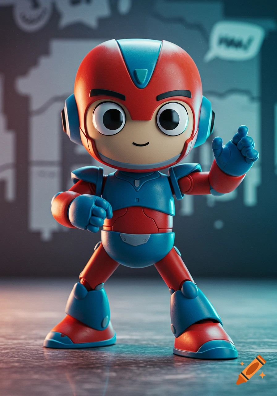 A stylized red and blue robot action figure with large eyes stands ready to fight in a city setting.
