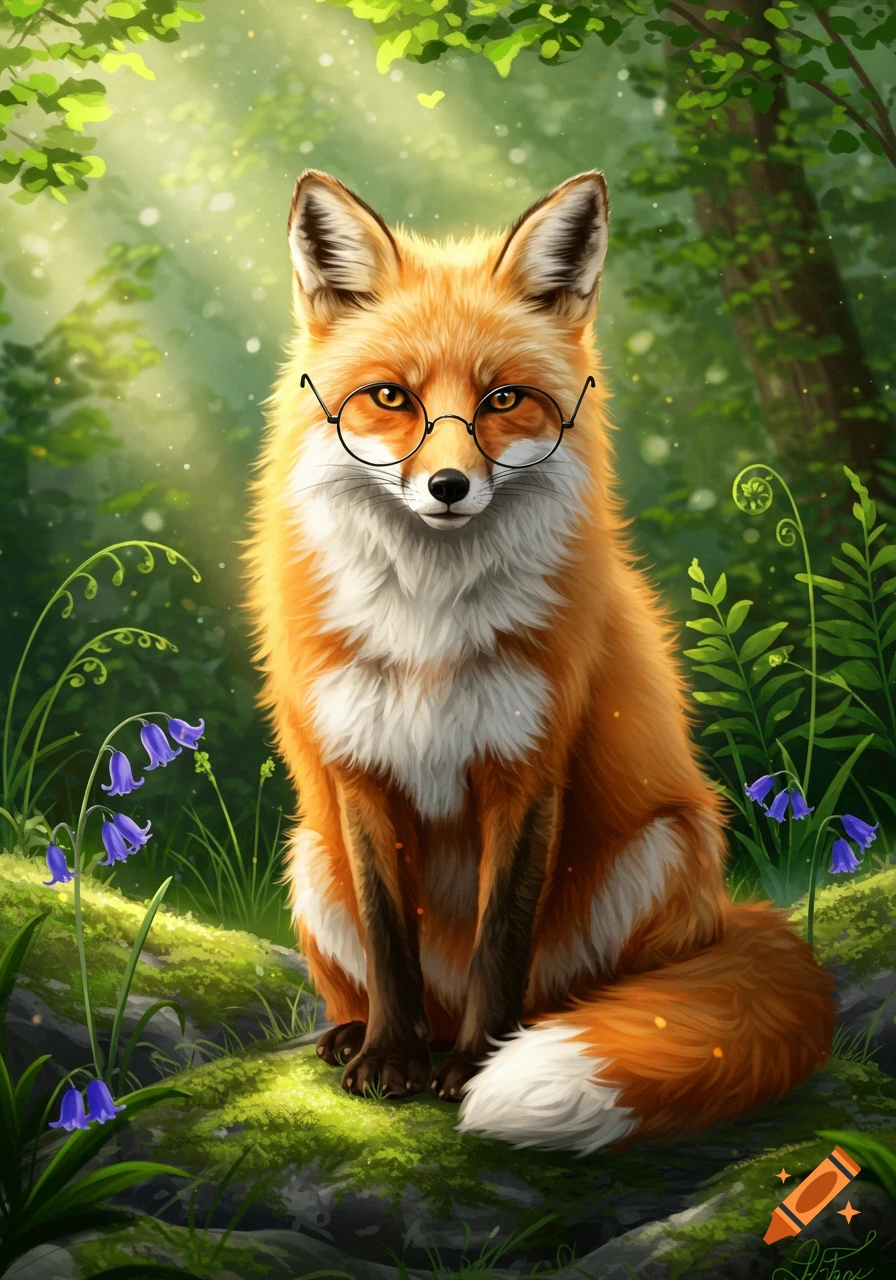 A cute fox wearing round glasses sits in a sunlit forest among bluebell flowers.