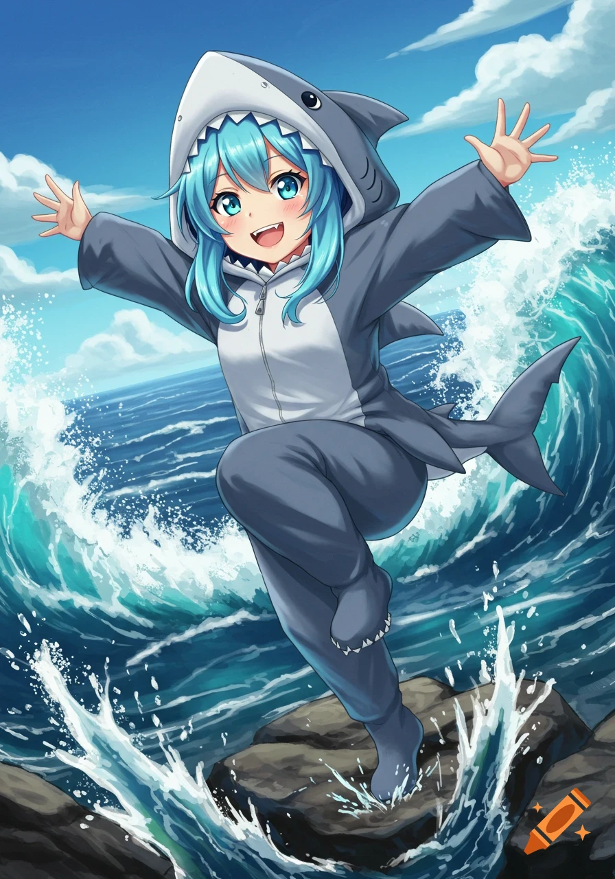 Anime girl with blue hair in a shark costume jumps excitedly amidst crashing ocean waves and rocks.