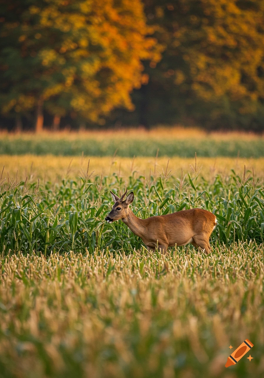 A brown deer with small antlers stands in a green and golden cornfield under a warm evening light.