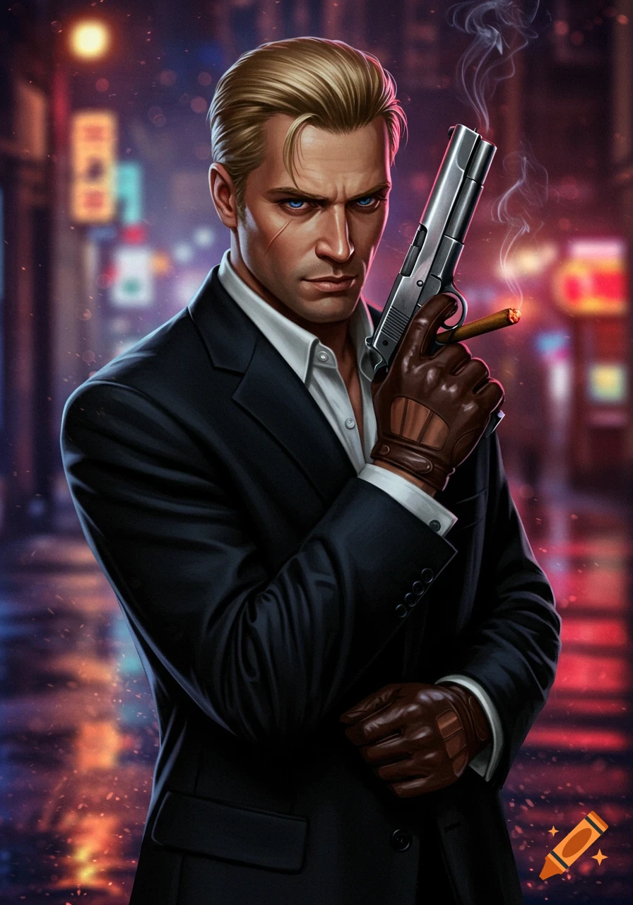 A serious blonde man in a suit and gloves holds a gun and a lit cigar, with a neon-lit city street in the background.