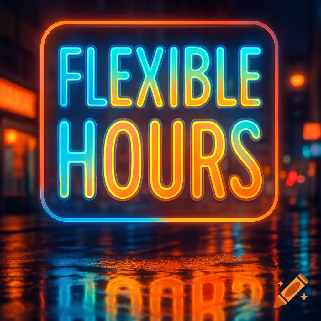 A vibrant neon sign glows blue and orange with the words 'FLEXIBLE HOURS' against a blurred city street at night, reflected on a wet surface.