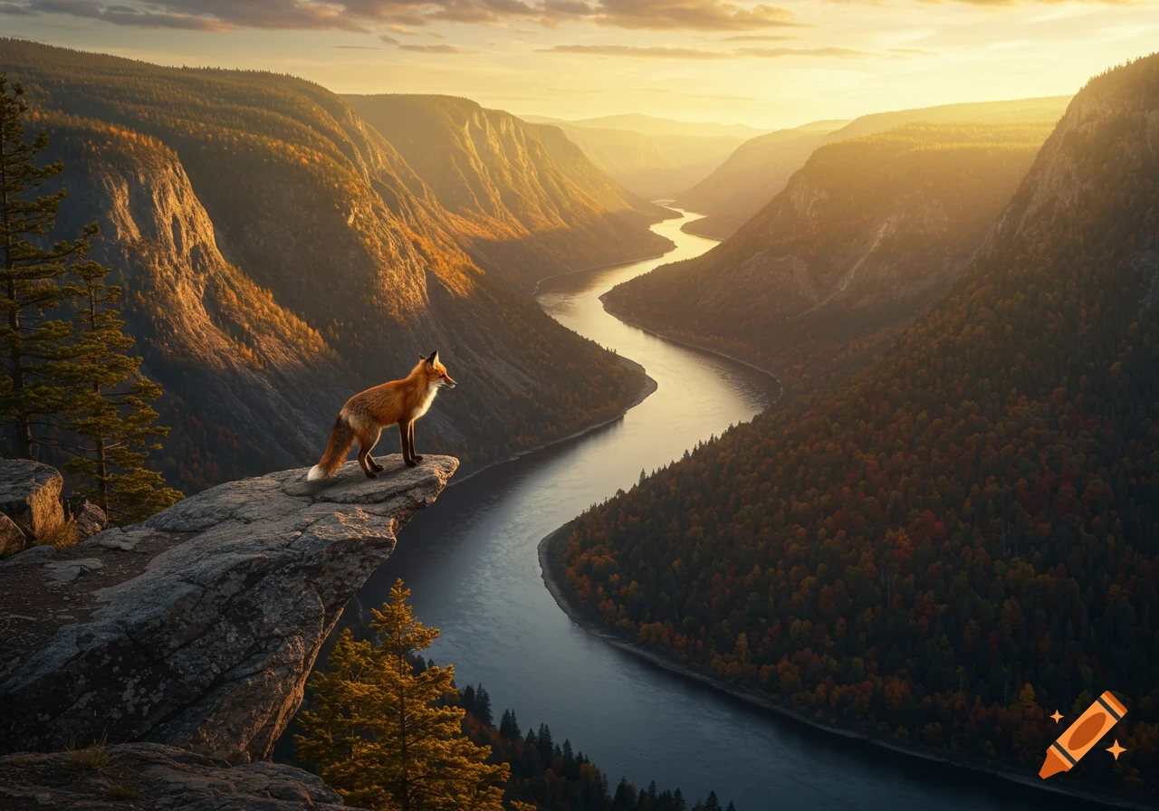 A red fox stands on a cliff edge, overlooking a vast mountainous canyon with a winding river at sunset. Photorealistic.