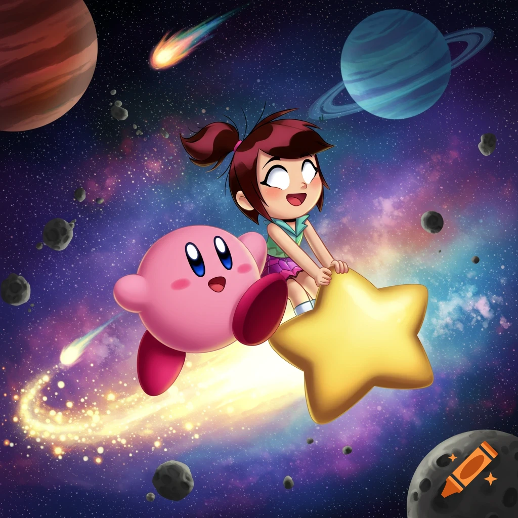 Cartoon characters Kirby and Molly McGee ride a yellow warp star through a vibrant outer space with planets and asteroids.