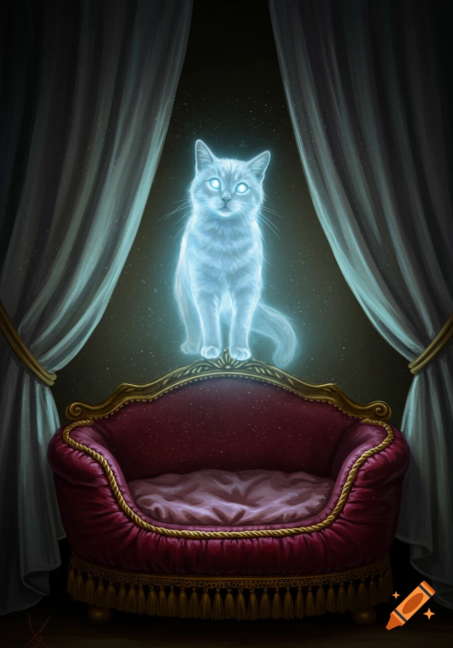 A spectral, glowing white cat floats above a plush, ornate red cat bed with golden trim and curtains in a dark room.