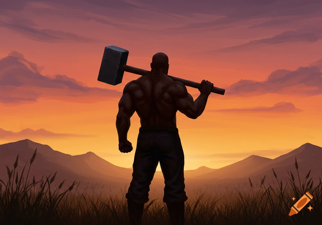 Muscular man from behind holds a sledgehammer, silhouetted against a vibrant orange and purple sunset over mountains. Illustration.
