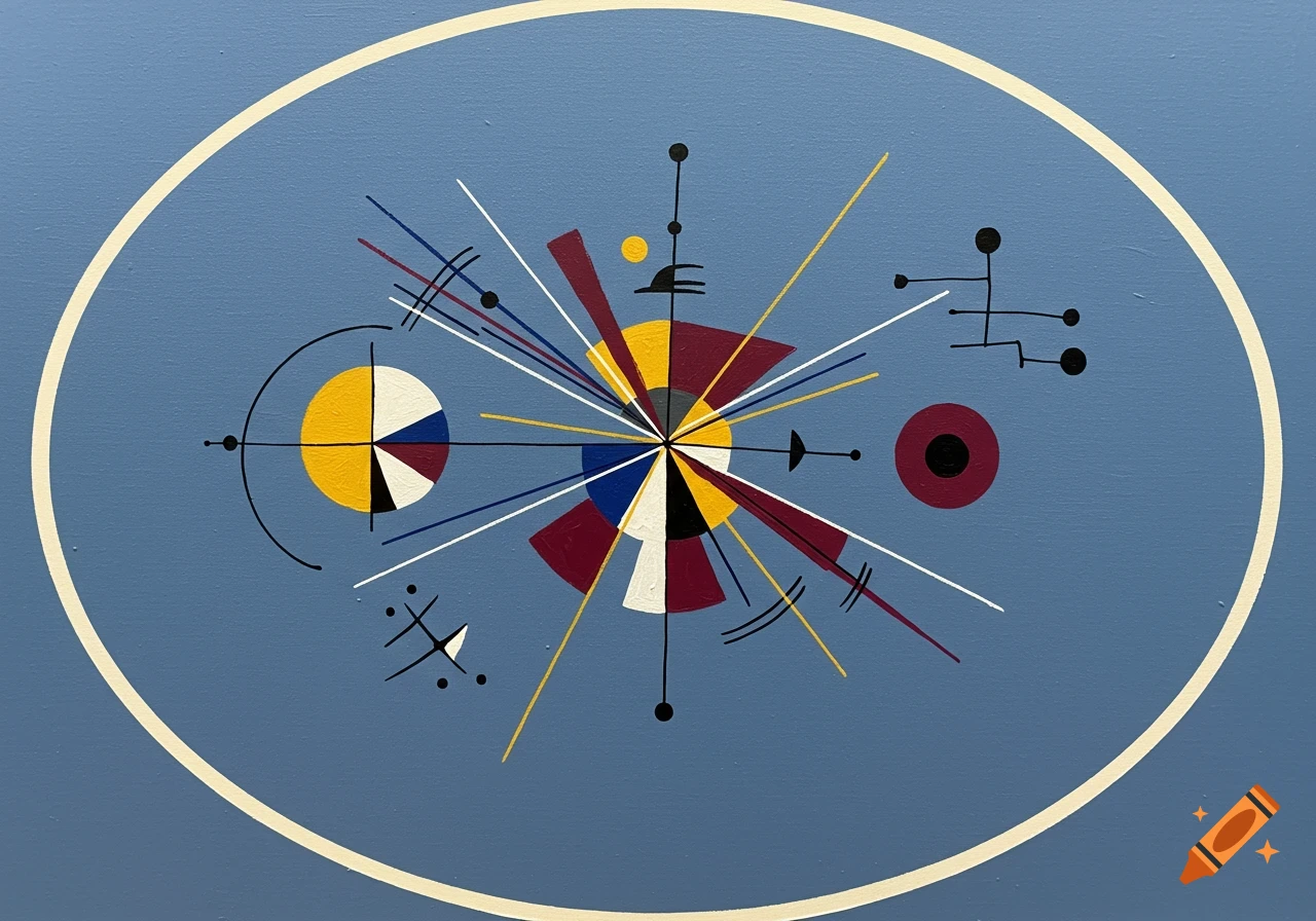 Abstract geometric painting with a central explosion of colorful shapes and lines, set against a blue background within an oval frame, in the style of Kandinsky and Mondrian.