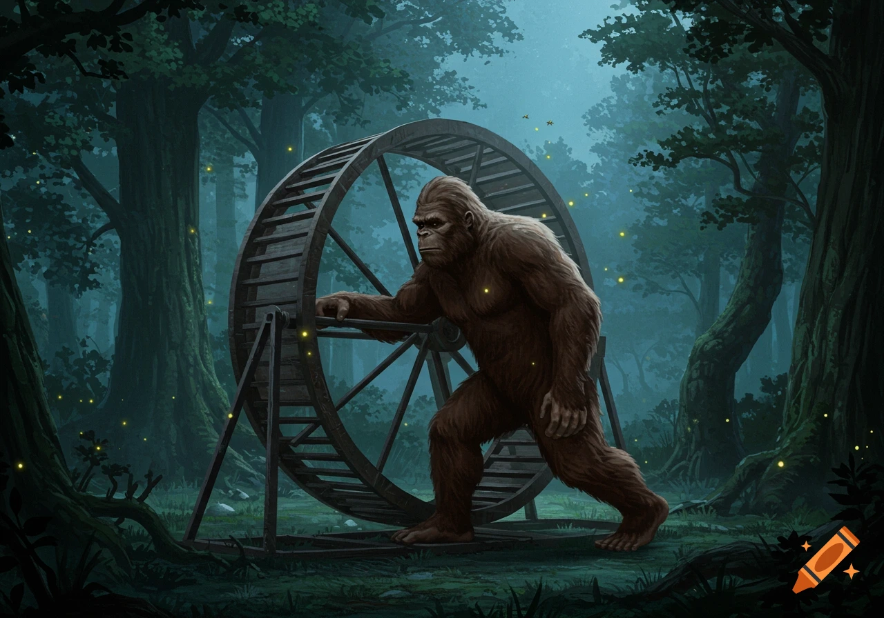 A Bigfoot in a dark, mystical forest pushes a large wooden hamster wheel, with glowing fireflies illuminating the scene.