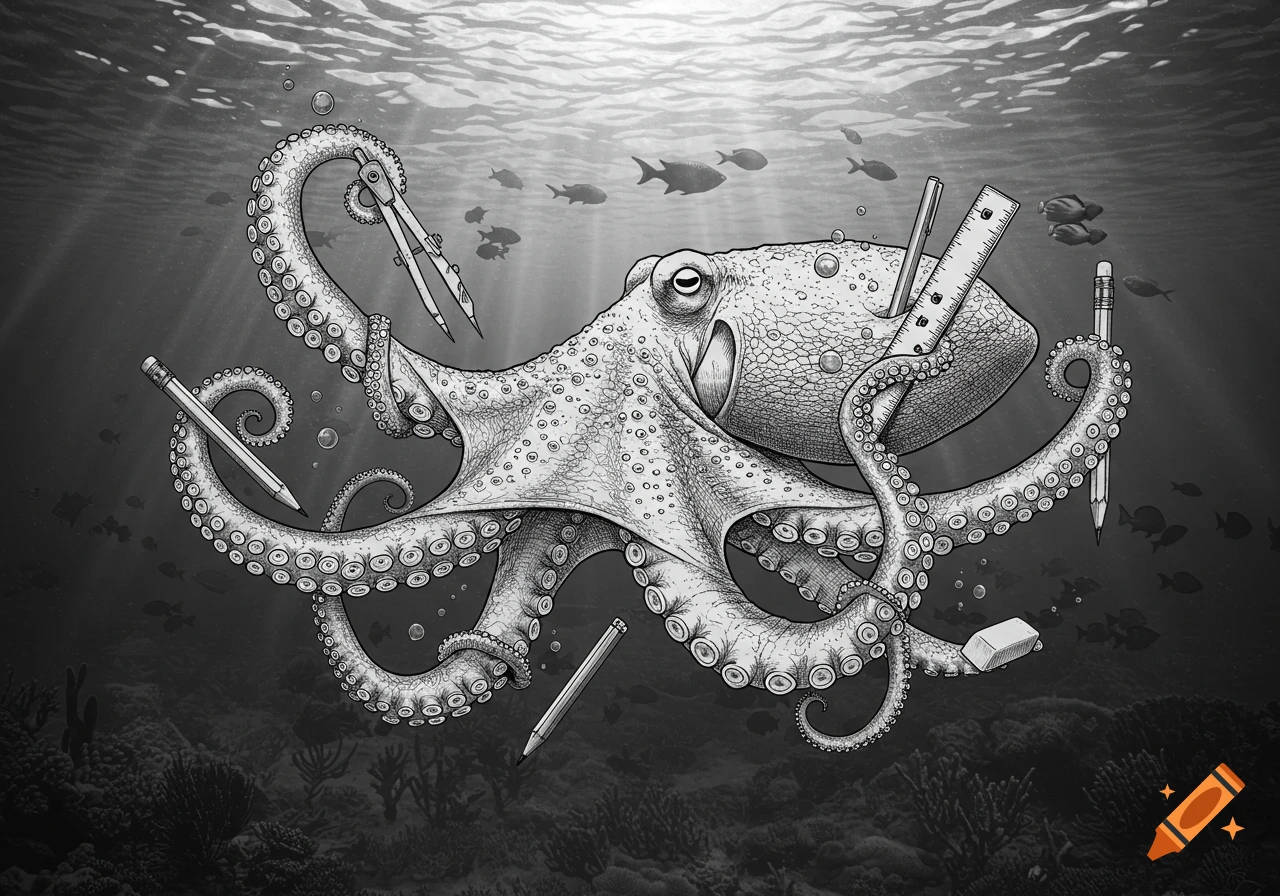 A black and white illustration shows an octopus underwater holding a compass, ruler, pencils, and an eraser. Fish swim in the background.