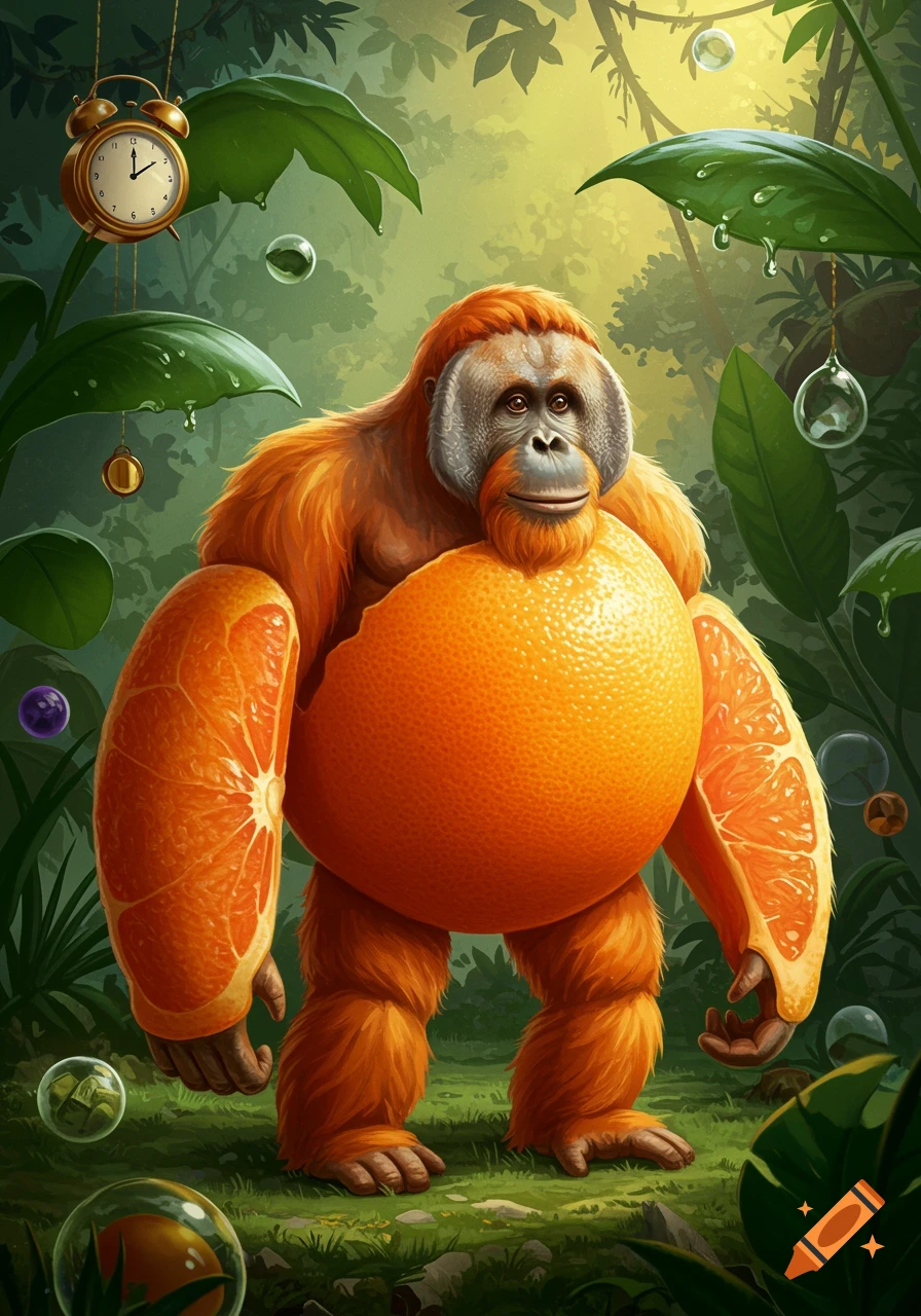 An illustrated orange-bodied orangutan with orange slice limbs stands in a lush green jungle, with a hanging alarm clock and bubbles.